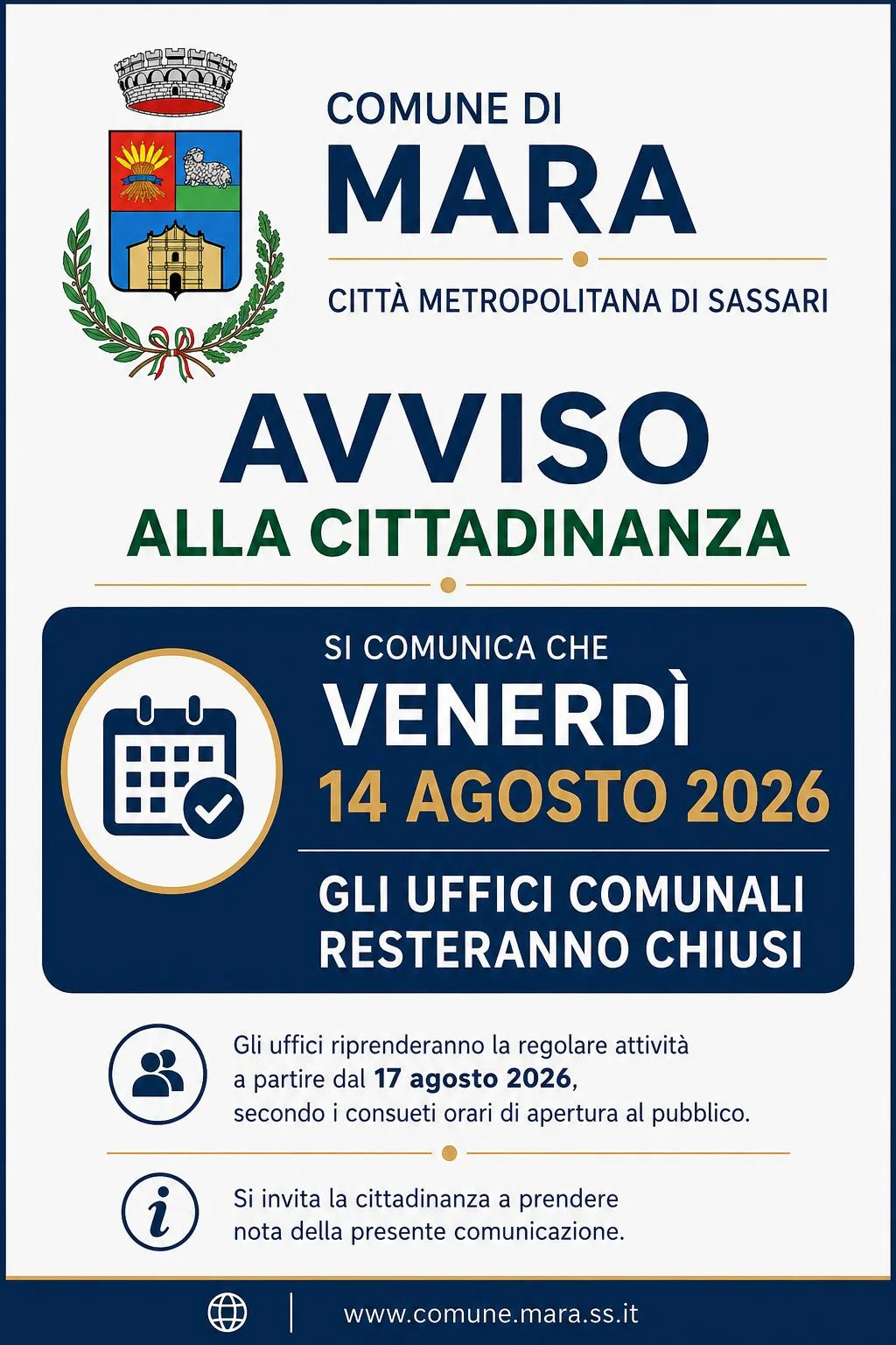 Chiusura uffici comunali per il giorno venerdi' 14 agosto 2026