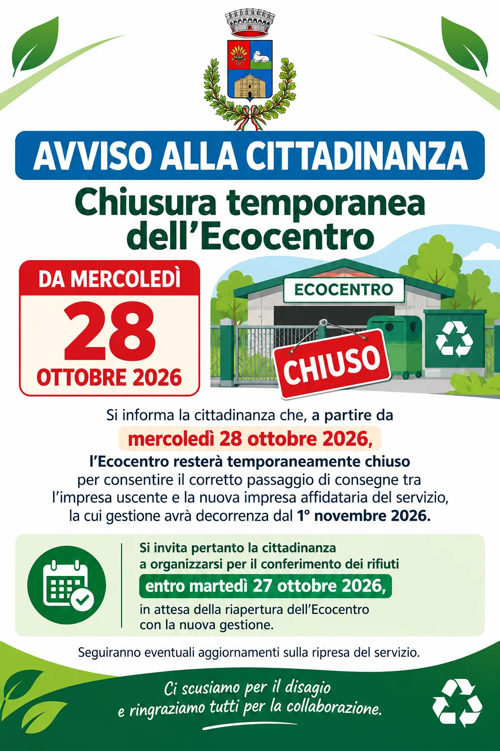 Chiusura temporanea dell’Ecocentro dal 28-10-2026.