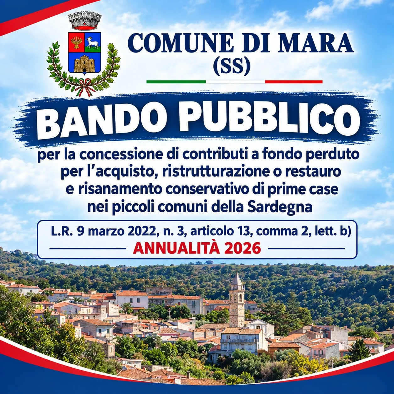 BANDO PUBBLICO per la concessione di contributi a fondo perduto per l’acquisto, ristrutturazione o restauro e risanamento conservativo di prime case – Annualità 2026.