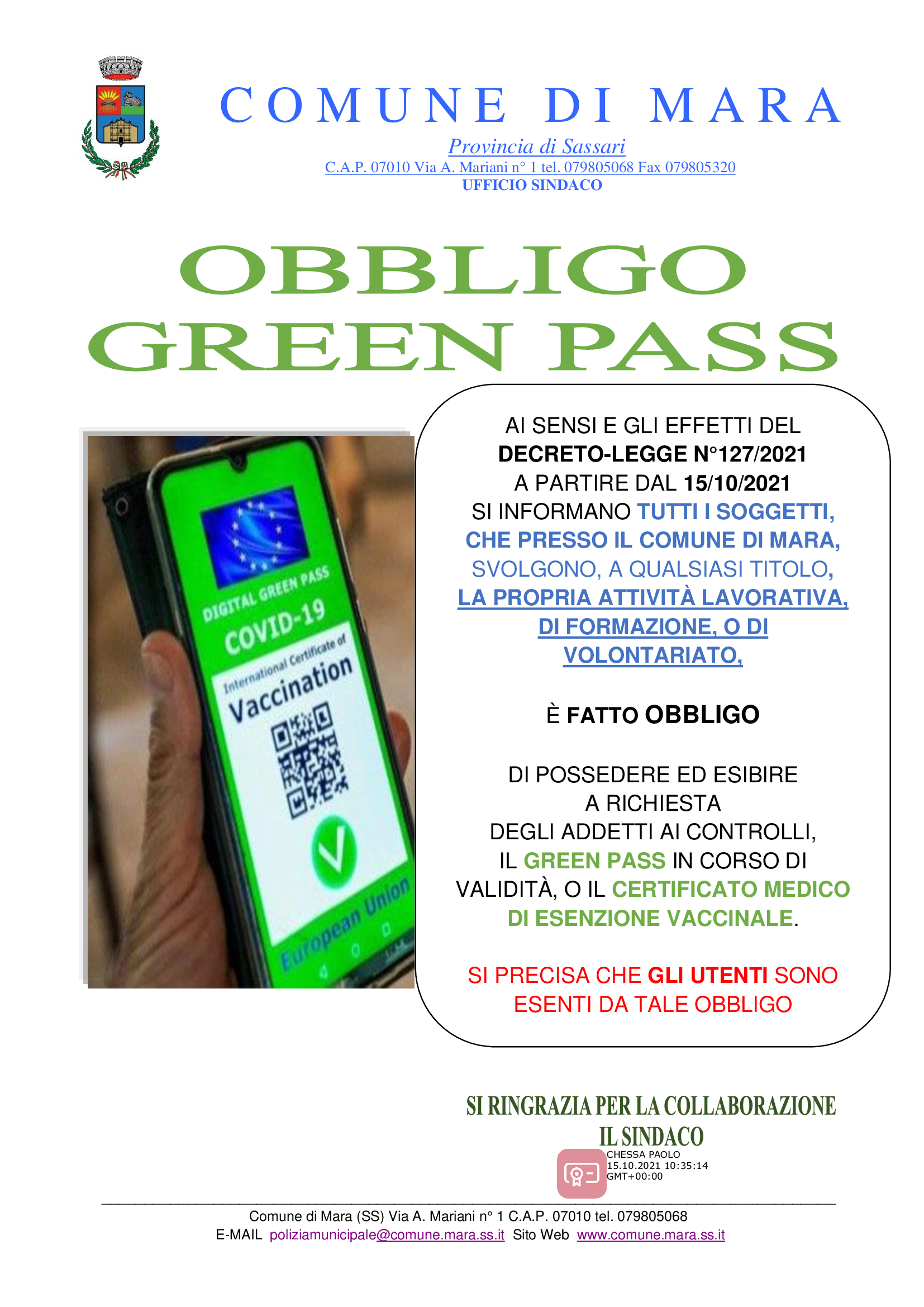 OBBLIGO GREEN PASS LAVORATORI