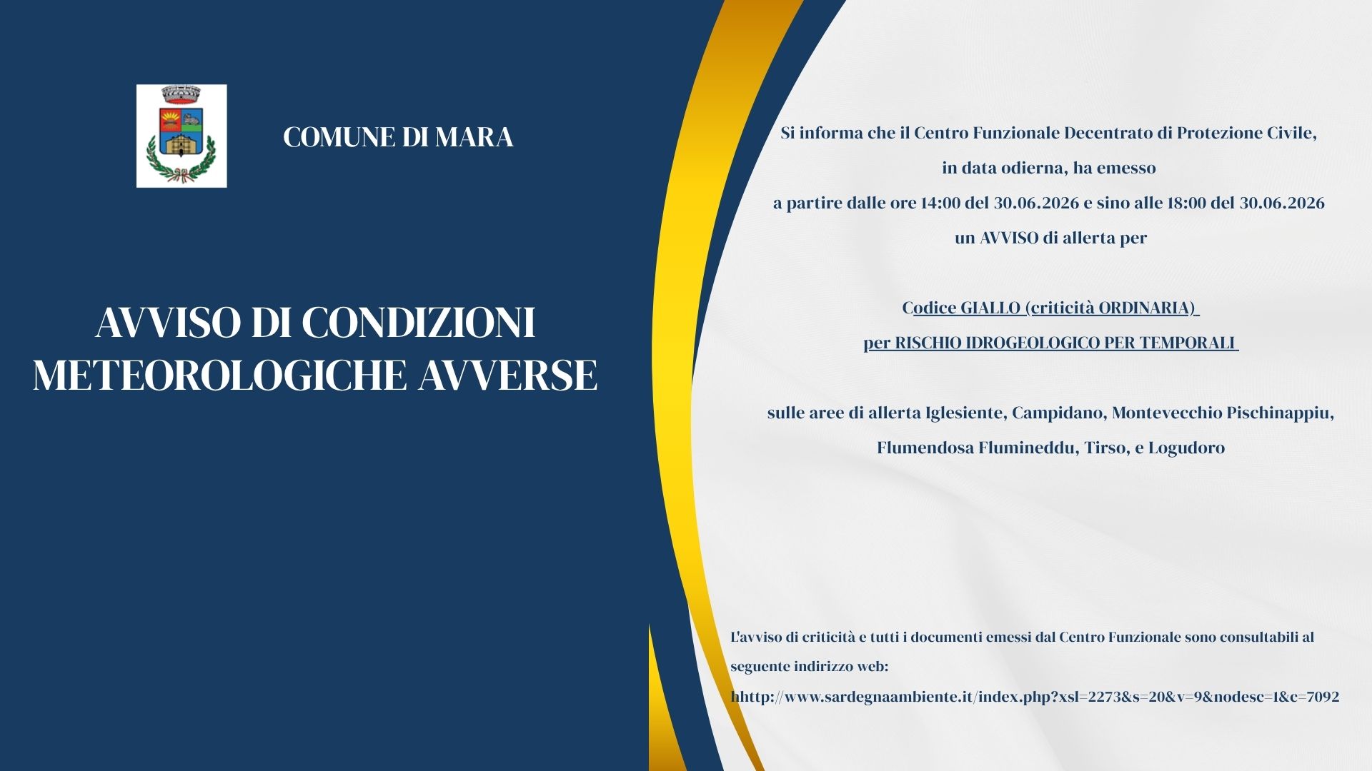 Avviso di criticità per idrogeologico per temporali