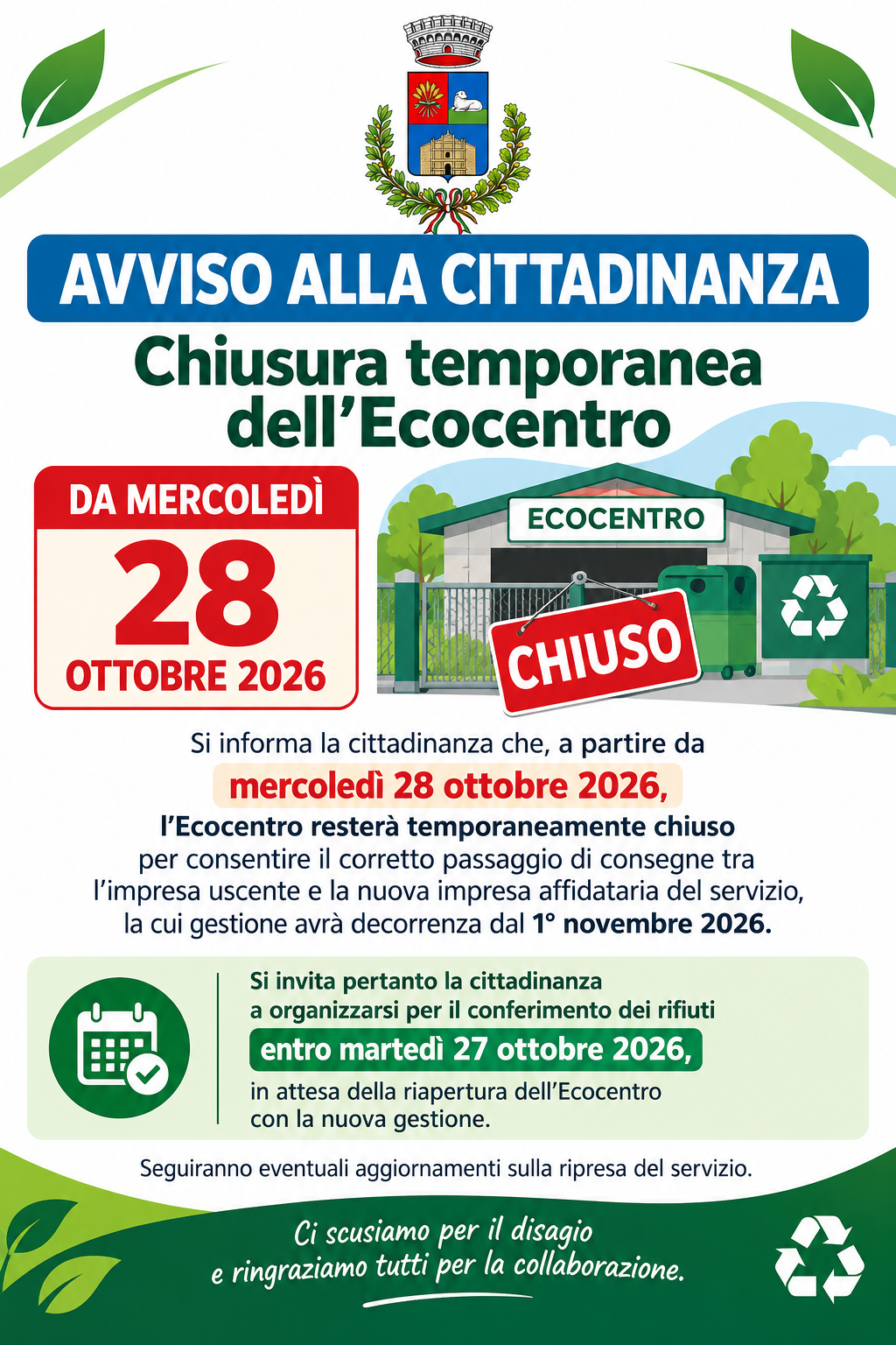 Chiusura temporanea dell’Ecocentro dal 28-10-2026.