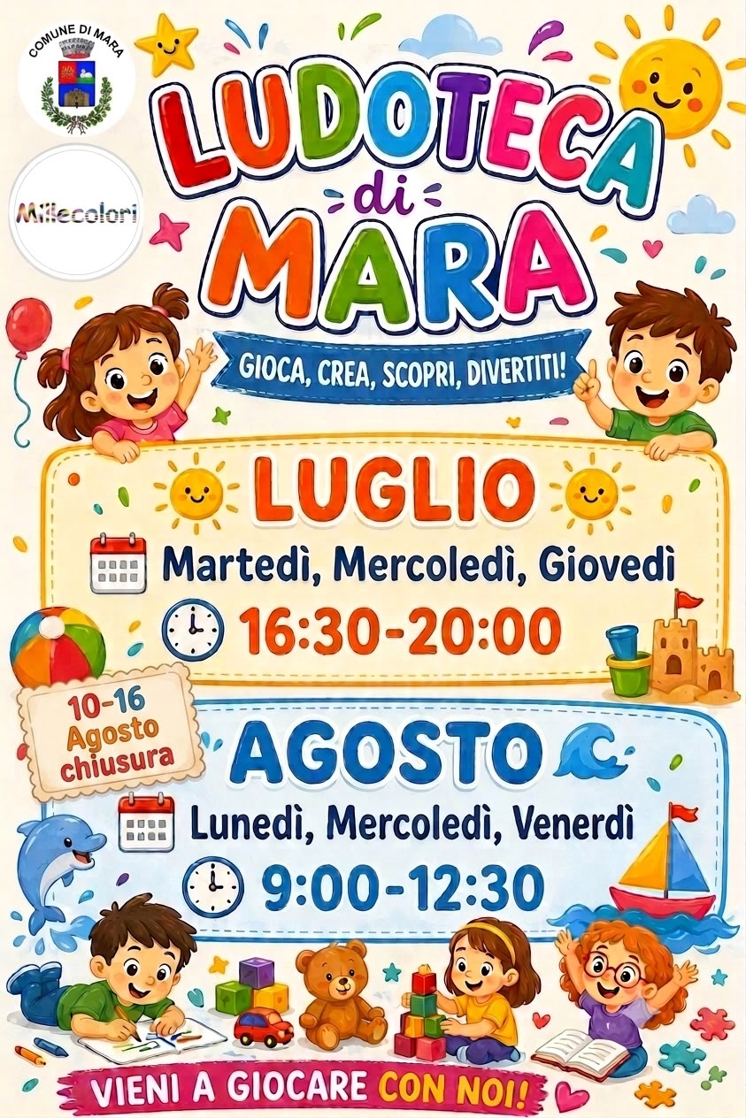 Ludoteca di Mara: Orari di apertura per i mesi di Luglio e Agosto