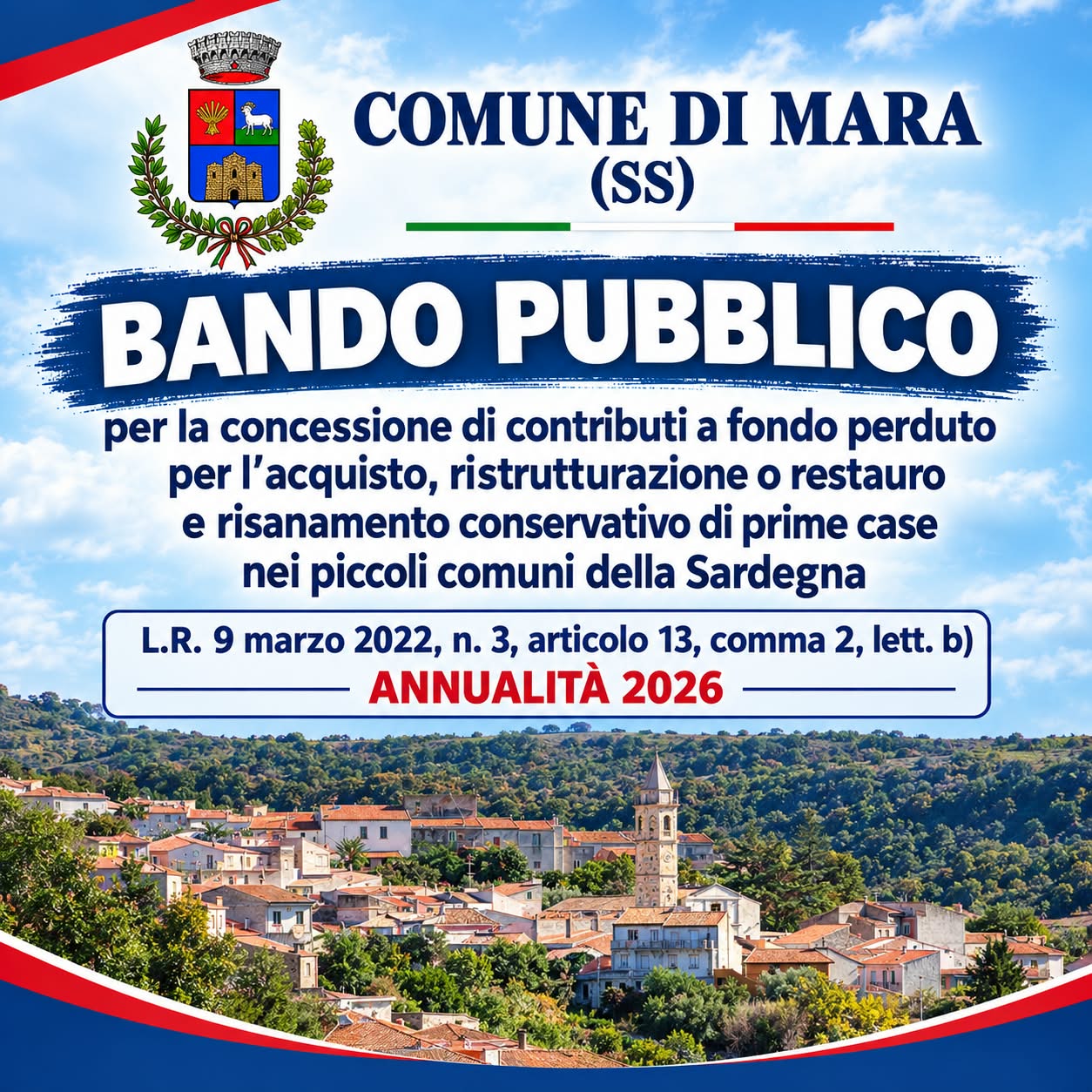 BANDO PUBBLICO per la concessione di contributi a fondo perduto per l’acquisto, ristrutturazione o restauro e risanamento conservativo di prime case – Annualità 2026.